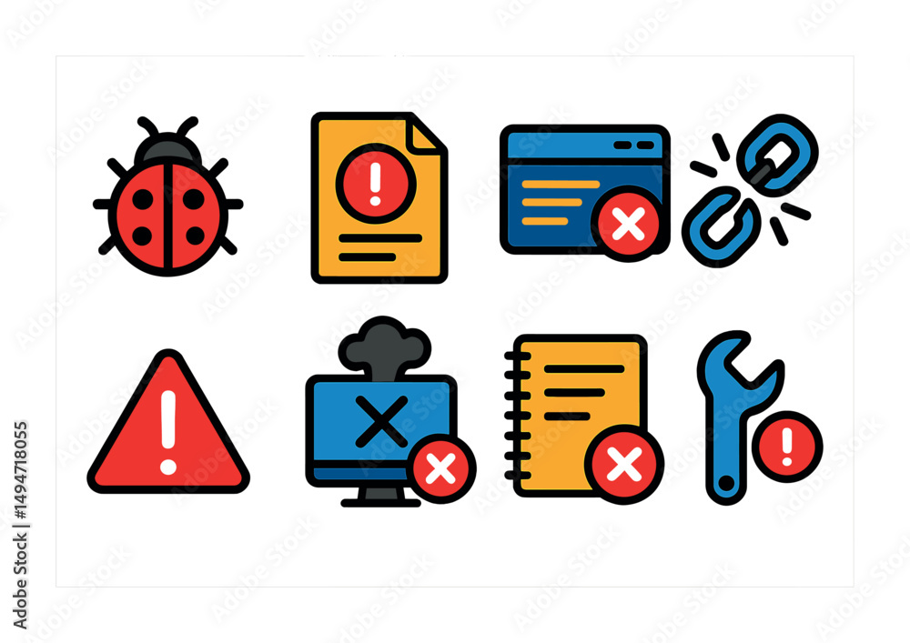 Poster error and warning linear icons set – alert, caution, troubleshooting symbols