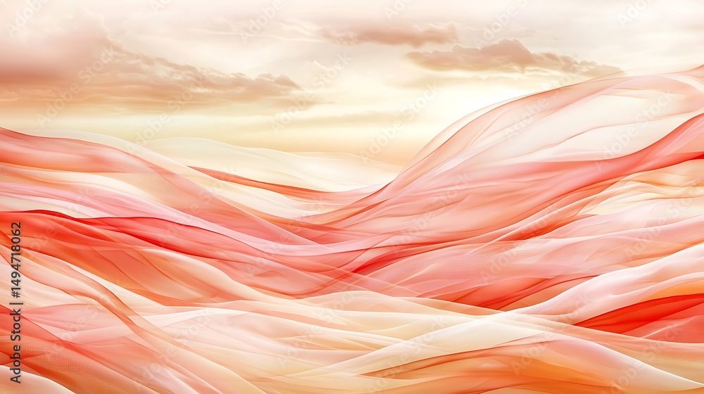 Poster serene abstract landscape with flowing waves of soft red and peach tones under gentle sky