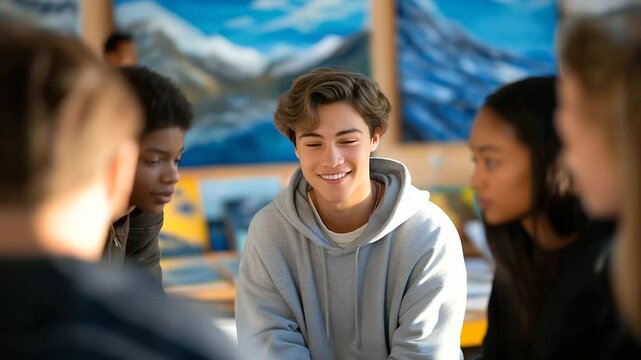 Group project discussion in an art room with colorful paintings