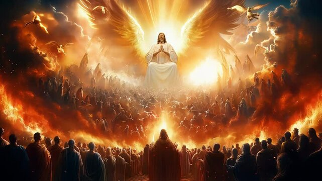 Jesus Christ is sitting on his throne with angels above him while judging the souls of people during the final judgement. The damned are on the left and the saved are on the right
