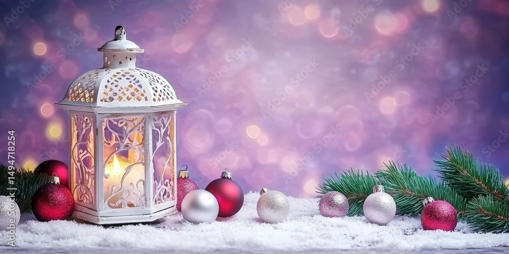 Poster christmas lantern with ornaments and fir branches on sparkling snow with a bokeh background