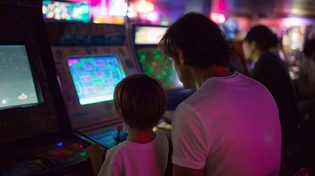 Father and son enjoy a fun gaming experience at an arcade filled with vibrant lights in the evening