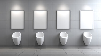 A row of urinals with white frames on the wall