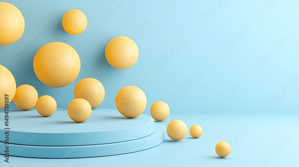 Aufkleber yellow spheres floating above layered blue platforms in a minimalistic studio setting