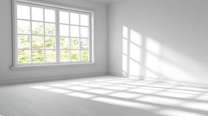 Fototapeta premium Bright and Empty Room with Large Windows Casting Shadows on White Walls and Floors