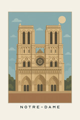 Flat Style Illustration of Notre-Dame Cathedral – Minimalist Poster of Iconic Paris Landmark with Gothic Architecture, Blue Sky and Elegant Travel Art Design