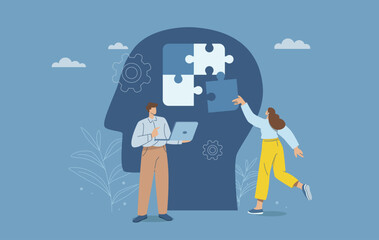 Female staff is doing brainstorming jigsaw puzzle, Teamwork, Brainstorming, Idea, Flat vector design illustration.