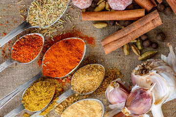 spices and seeds in spoons 