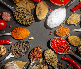 spices and seeds in spoons 