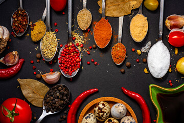 spices and seeds in spoons 