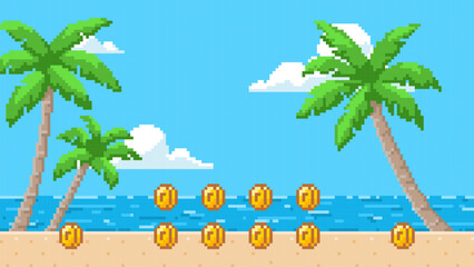 Pixel art game background with sea beach, palm trees, vector ocean horizon summer day scene with coins 8 bit videogame