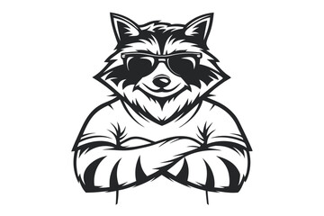 Obraz premium Cool Raccoon Mascot in Sunglasses, Black and White Illustration for Graphic Design, Logo, Apparel, Prints, and Vector Art Projects. 