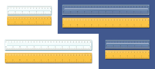 realistic plastic yellow normal rulers and white transparent rulers isolated on white and blue background vector illustration.school and education concept clip art design.