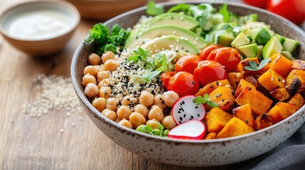 Buddha bowl presenting quinoa, chickpeas, avocado, roasted sweet potatoes and tomatoes