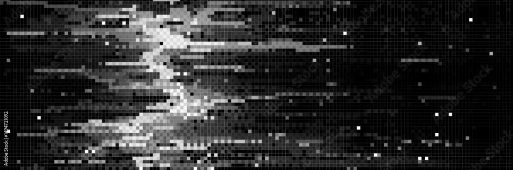 Poster pixel glitch background, monochrome digital noise texture. random black and white square particles o
