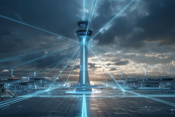 Futuristic air traffic control tower with digital communication network at sunset