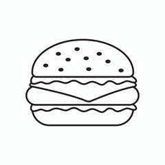 Burger Outline: Simple illustration of a classic burger with bread bun and cheese, perfect for menu, food icon or any culinary design.