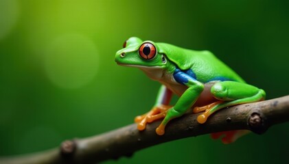 Naklejka premium Close-up of a vibrant green tree frog perched on a branch, tropical, tree frog