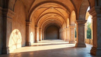 Obraz premium Elegant arched arcade, intricate molding, sunlight dappling, symmetry, shadowplay, entrance