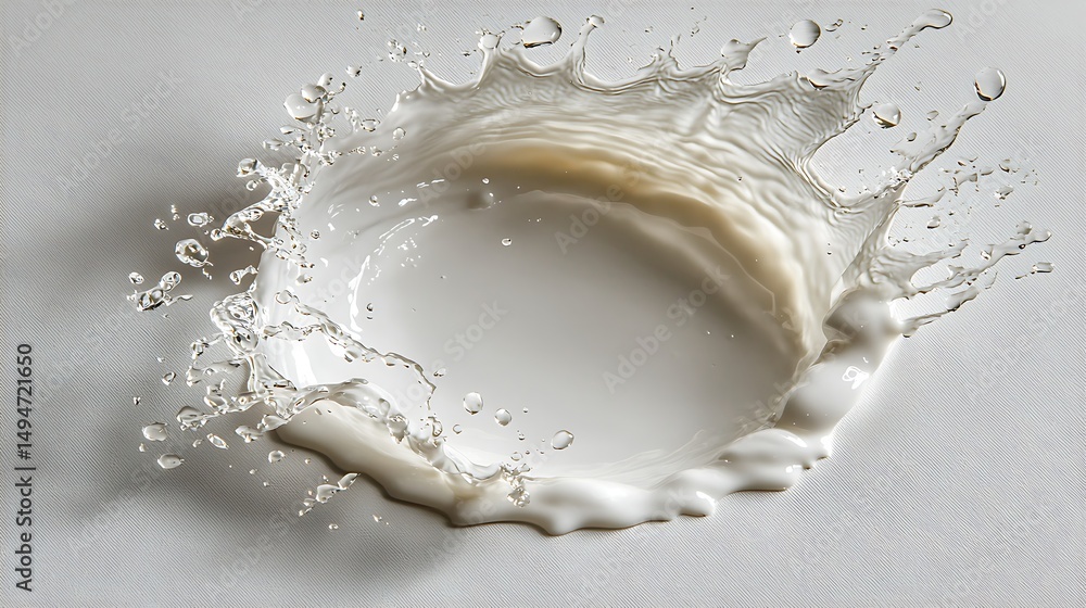 Poster milk splash creating dynamic water droplets on white surface with vibrant texture and movement