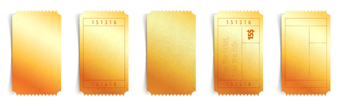 Gold luxury coupon ticket template set - blank golden glowing vertical tags with wavy zigzag perforations. 3d elegant premium voucher mockups for discount offer, event pass or gift certificate.