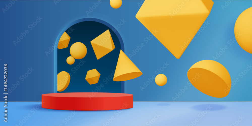 Poster red podium with yellow geometric shapes floating above on blue background with arch - spheres and py