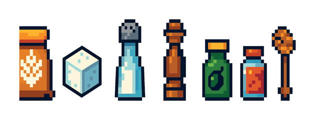 Kitchen essentials icons set – pixel art, culinary, cooking symbols and tools
