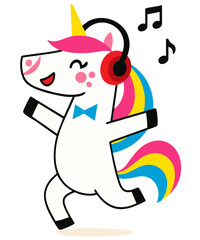 Flat style rainbow unicorn character listening music and dancing
