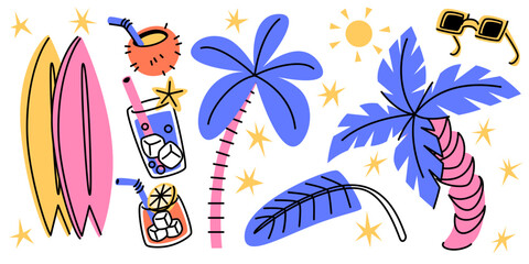 Retro tropical sticker set - surfboards and cocktails glasses, palm trees with leaves under sun, sunglasses and decorative sparkles. Funky colorful doodles for summer fun beach vibes decoration. © klyaksun