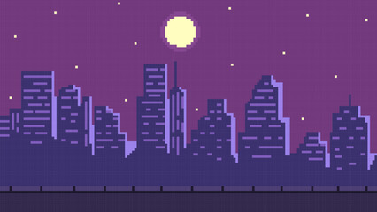 Naklejka premium Pixel art night cityscape 8 bit video game background, vector dark skyscrapers silhouette, full moon light on starry sky
