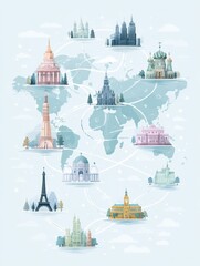 Colorful flat illustration of famous landmarks around the world connected by a network, showcasing global travel and cultural diversity in a visually engaging design