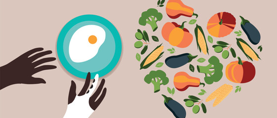 African american male person with prosthetic arm and Balanced Nutrition, flat vector stock illustration top view