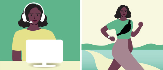 African american woman with black skin and Work Life Balance, jogging in the workplace, flat vector stock illustration