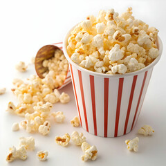 Tasty popcorn served in a white and red striped cup, isolated on a white background, evoking fun, nostalgia, and snack-time delight.