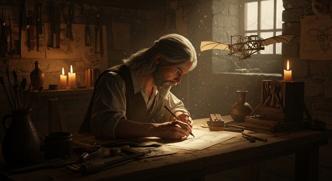 Artisan inventor drafts glider blueprint in workshop illuminated atmosphere displaying invention