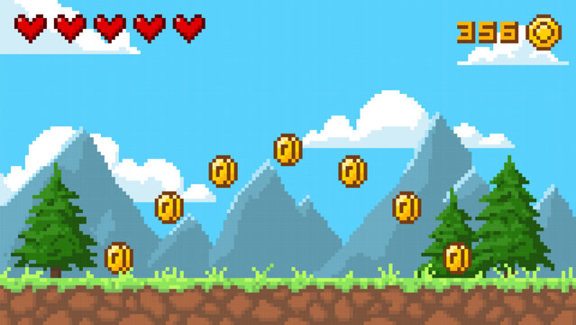 Pixel art summer day 8 bit video game background with mountains, fir trees, vector playing lifes and coins score level