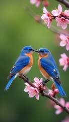 Obraz premium Male & female Eastern Bluebirds on blossoming branches Vivid spring plumage , male, perch