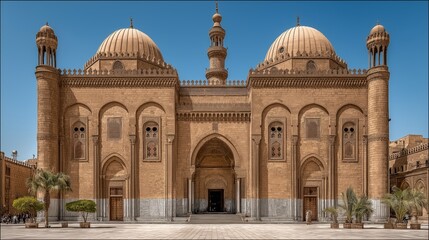 Obraz premium Majestic Architectural Marvel: The awe-inspiring mosque showcases grand domes and minarets against a clear sky, offering a glimpse into rich cultural heritage.