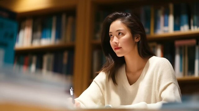 Student Writing an Essay in a Quiet Library Classroom