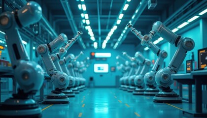 Rows Of Blue Industrial Robots In A Modern Factory