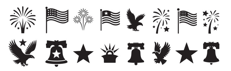 4th of July Silhouette Icons Simple Black Shapes of Fireworks Flag Eagle Star and Liberty Bell