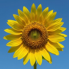 Obraz premium Sunflower's Sunny Embrace: A close-up shot of a vibrant sunflower against a cloudless sky, revealing the intricate details of its petals and the seed-filled center, showcasing nature's artistry.