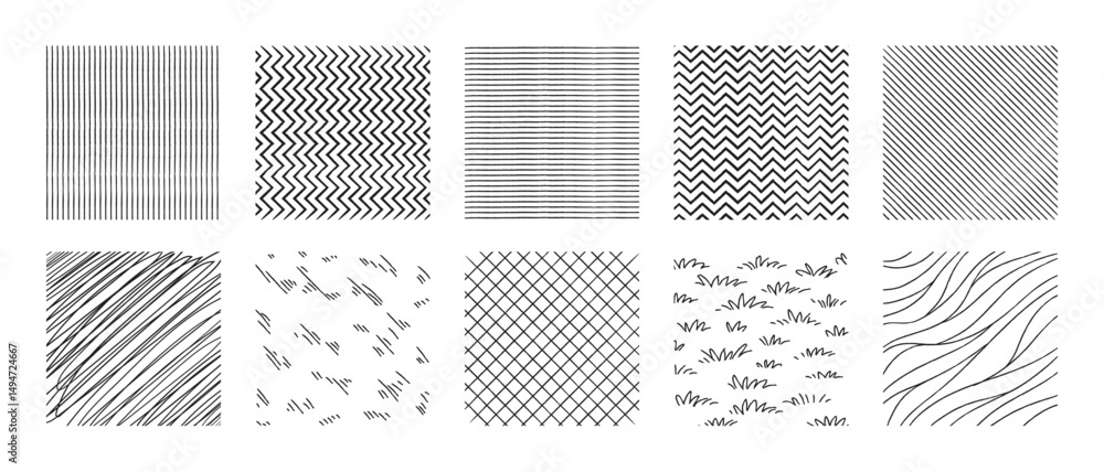 Poster crosshatch patterns collection - vertical, horizontal lines, zigzag and grid, waves and grass ink ha