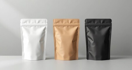 Three standing pouch on grey studio background, with soft natural lighting. Perfect for eco-friendly packaging and product mockup.