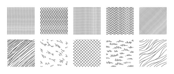 Crosshatch patterns collection - vertical, horizontal lines, zigzag and grid, waves and grass ink hatching. Shading textures set. Monochrome graphic design elements and decorative backgrounds.