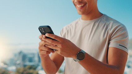 Man, hands or fitness with phone in nature for workout app, tracking performance or connection. Closeup, active or male person with smile on mobile smartphone for outdoor exercise schedule or results