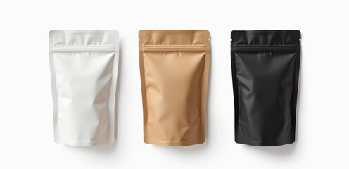 Three standing pouch on white studio background, with soft natural lighting. Perfect for eco-friendly packaging and product mockup.