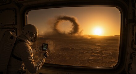 Astronaut examines digital tablet exploring barren landscape during sunset expedition inside habitat