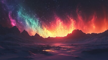 Naklejka premium A glowing aurora lighting up an alien sky with breathtaking colors