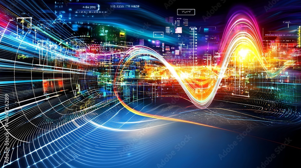 Poster vibrant abstract digital landscape with colorful light trails and glowing data visualization element
